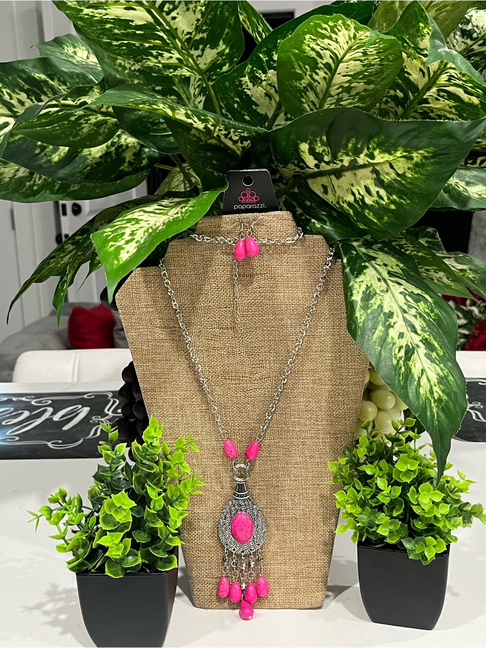 paparazzi Hot Pink Boho Teardrop Statement Necklace